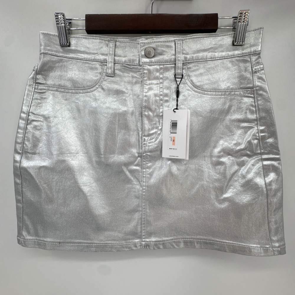 Calvin Klein Jeans Mini Skirt Womens 28 Silver Metallic Denim Cotton Stretch